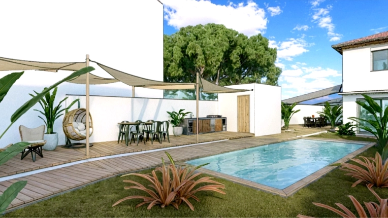 Jardin, Terrasse, Maison individuelle, Exterieur, Rénovation, Maison de campagne, Piscine, Réhabilitation, Villa, Contemporain, Moderne, Japonais, Minimaliste